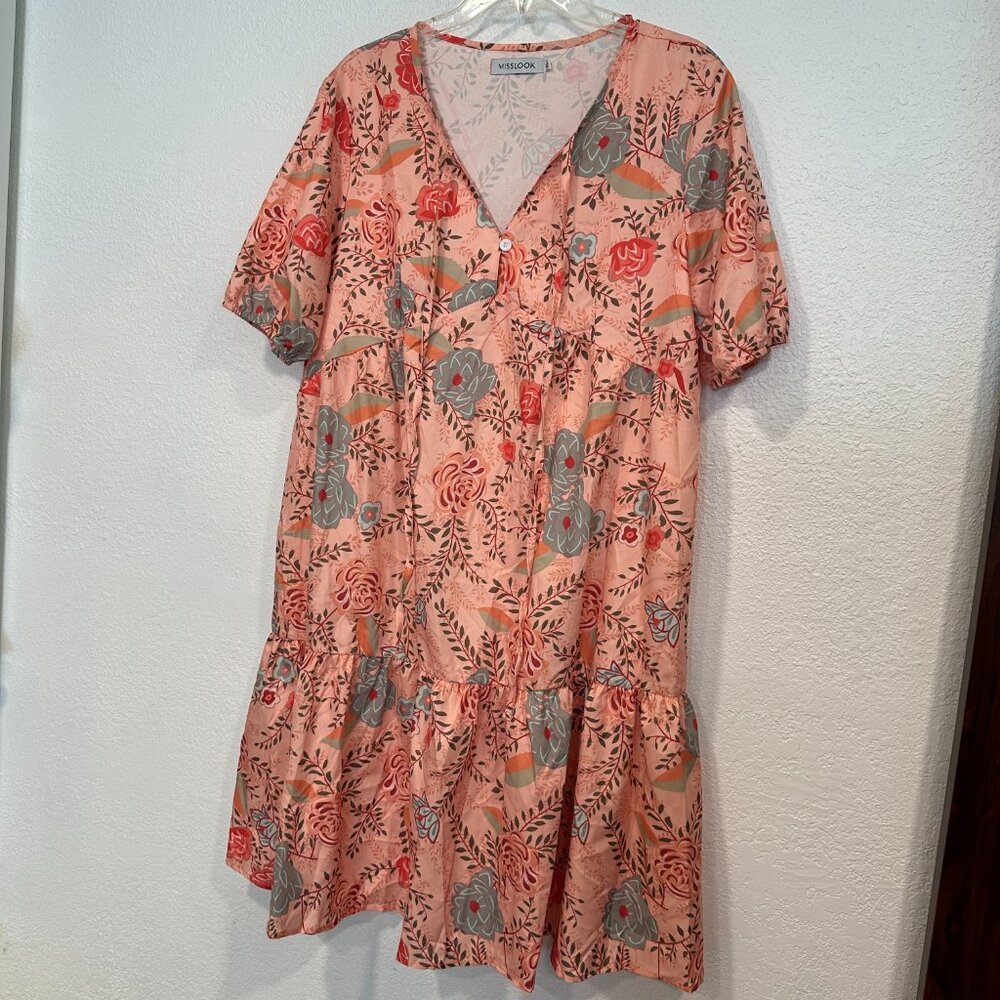 Misslook XL Floral Midi Dress Ruffle Hem MultiColor Short Sleeve Tied V-Neck EUC - Picture 4 of 8